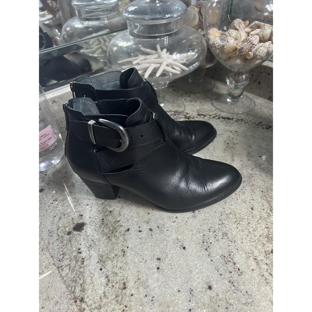 Vionic Rory Black Leather Cutout Buckle Ankle Boots Block Heel Booties Size 7 M